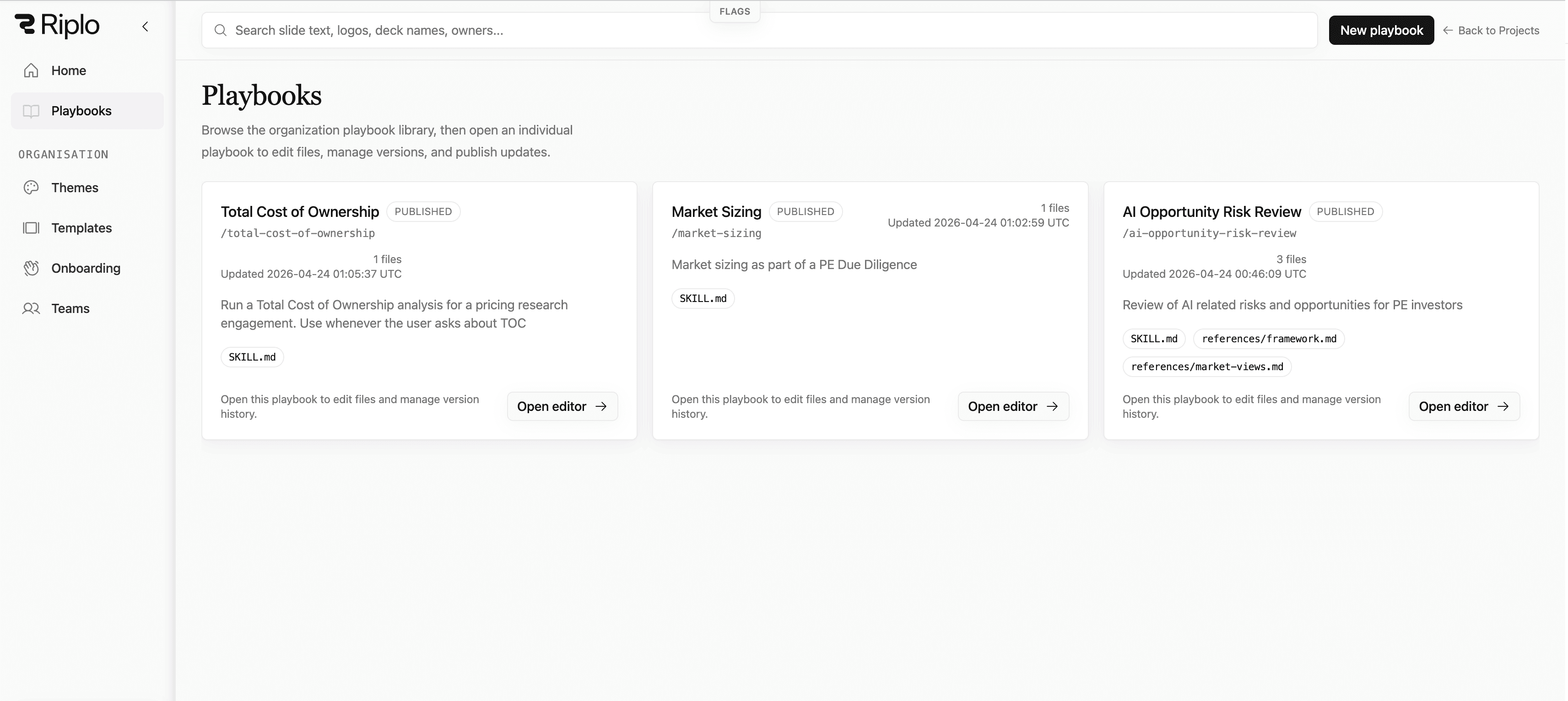 Riplo playbooks with reusable skills and guidance