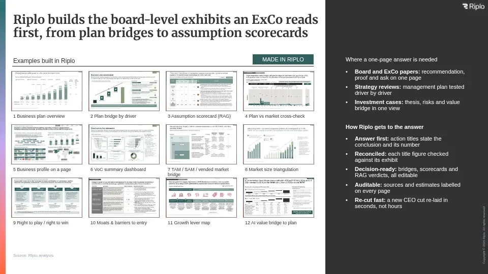 Twelve board-level exhibits built in Riplo Slides, from a business plan overview and a bridge by driver to an assumption scorecard and an AI value bridge