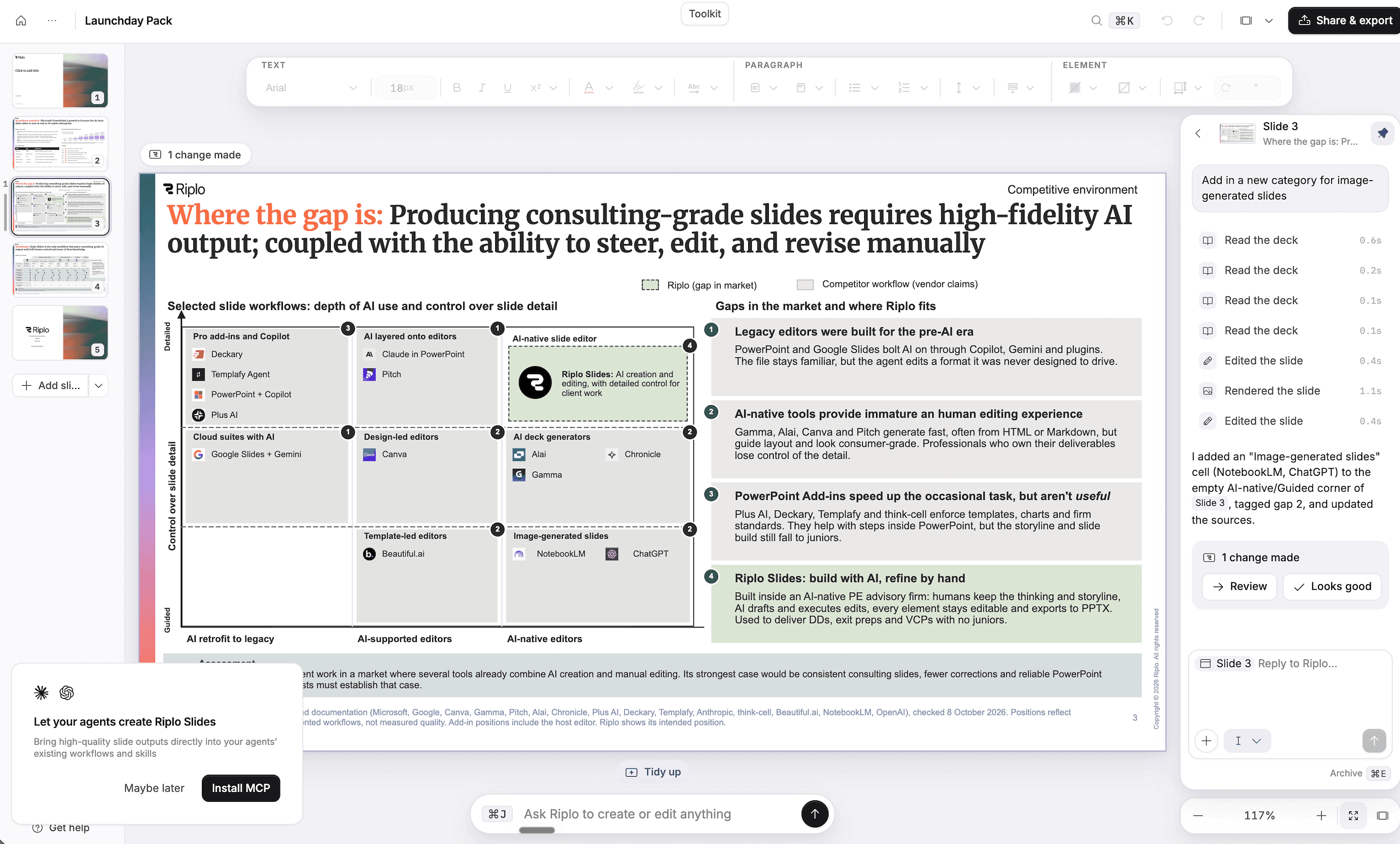 Riplo slide editor with editable text, charts, and its editing toolbar